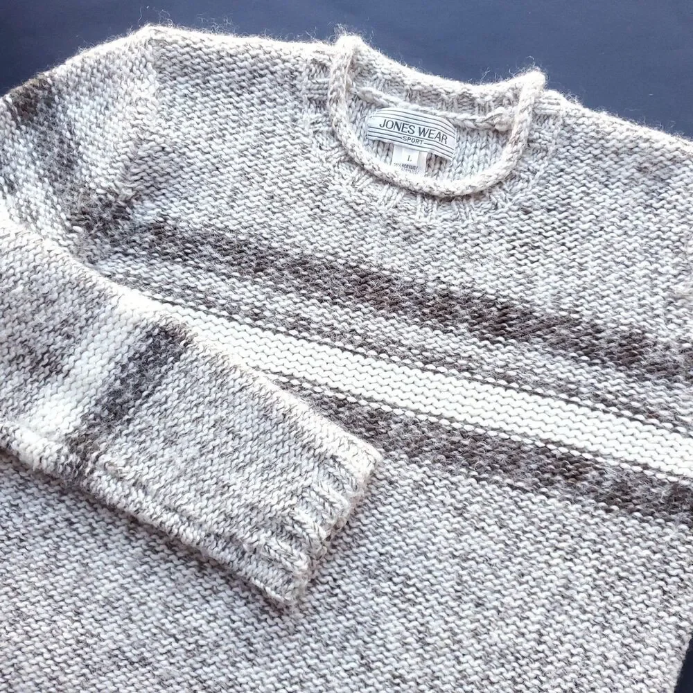VTG Roll Neck Sweater Sz L Wool Blend Chunky Fisherman Beige Neutral Stripe